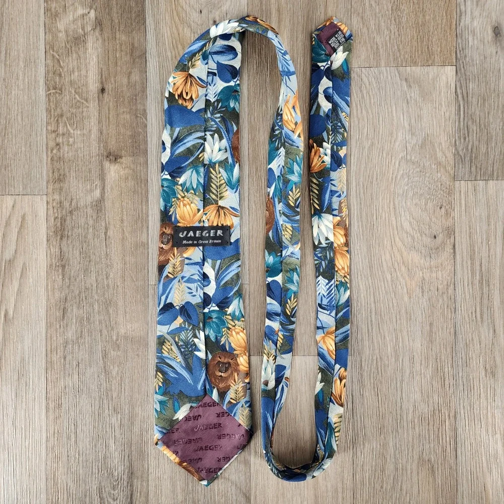 Vintage Jaeger Men's Silk Tie Blue Green Floral Lion Print Made in Great Britain
